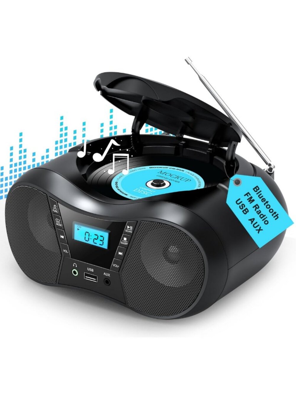 Portable CD Boombox with Bluetooth, Stereo Sound - Perfect for Home & Outdoor